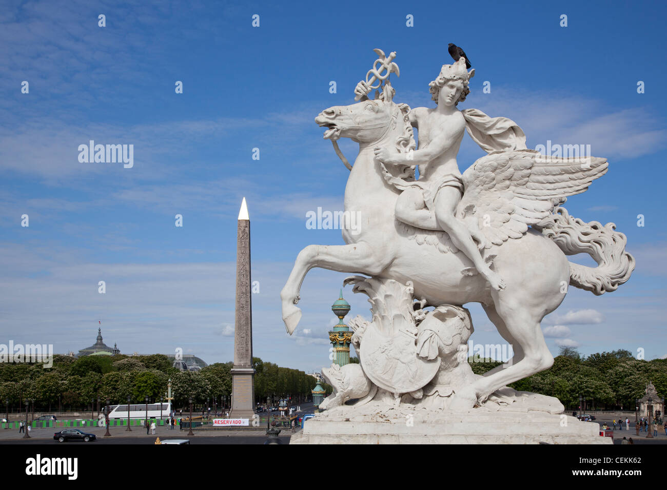 France, Paris, Tuileries Garden, Statue of Hermes (Mercury) with Pegasus Stock Photo