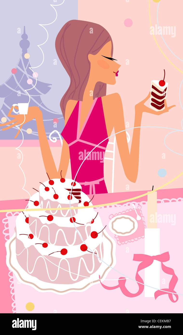 Seven deadly Christmas sins Gluttony Female wearing pink dress eating slice of cake and holding teacup Stock Photo