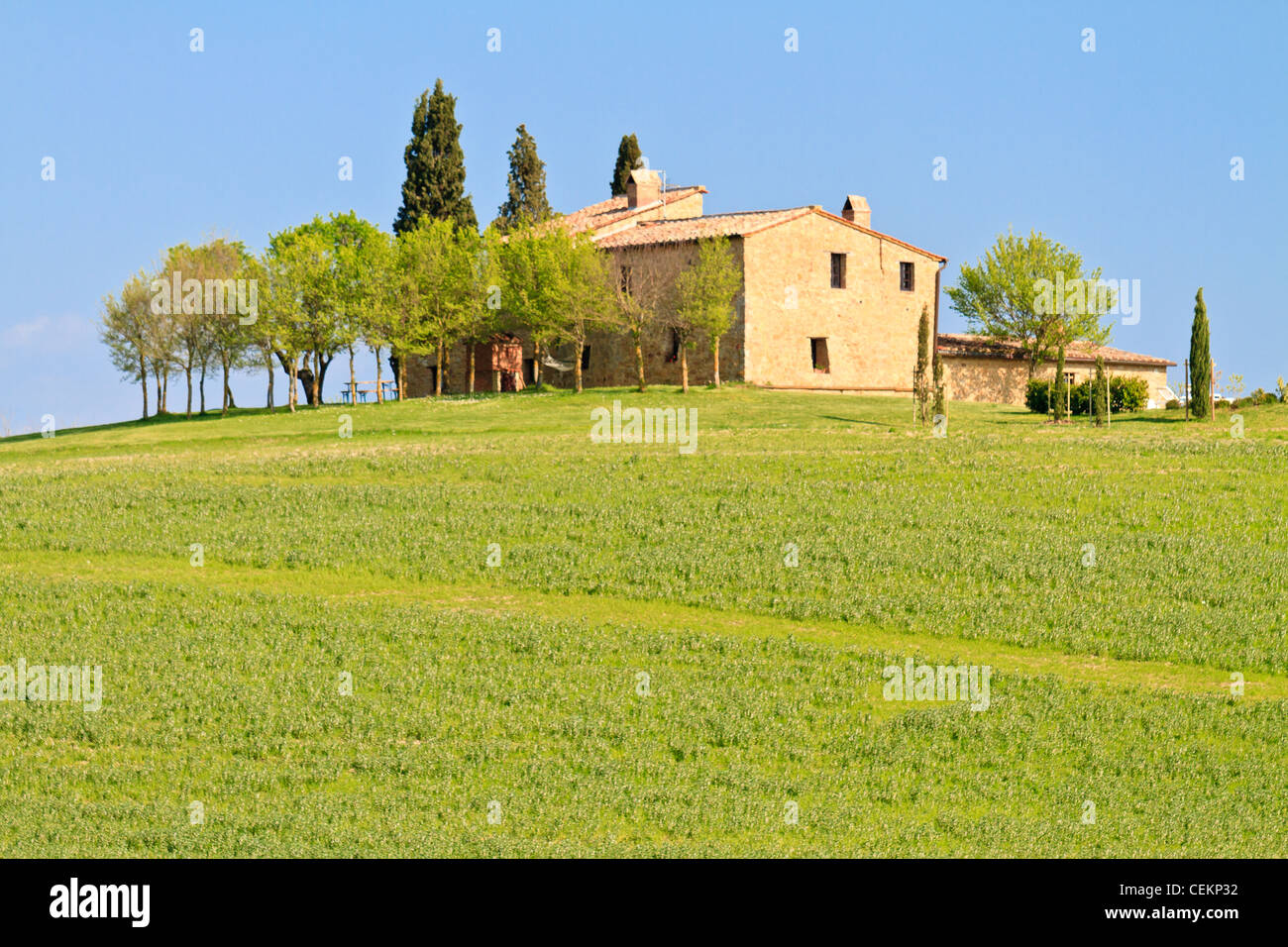 Picturesque tuscan farm house before blue sky, Italy Stock Photo - Alamy