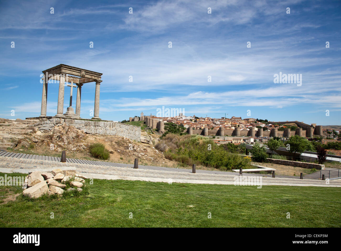 Spain, Castile and Leon, Avila, View of the Old Town and The Four Posts (Los Cuatro Postes) Stock Photo