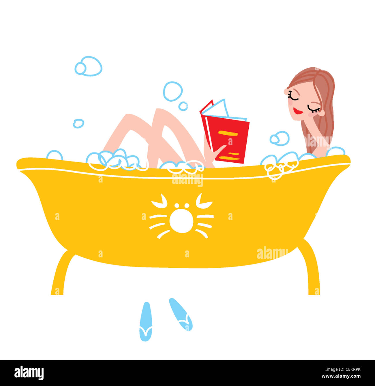 Illustrated horoscopesCancer Female reading a book in the bath Stock