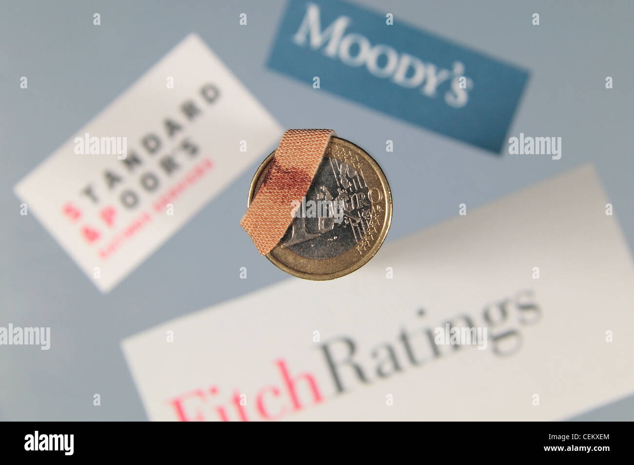 An "injured" 1 Euro coin with the logos of the credit rating agencies