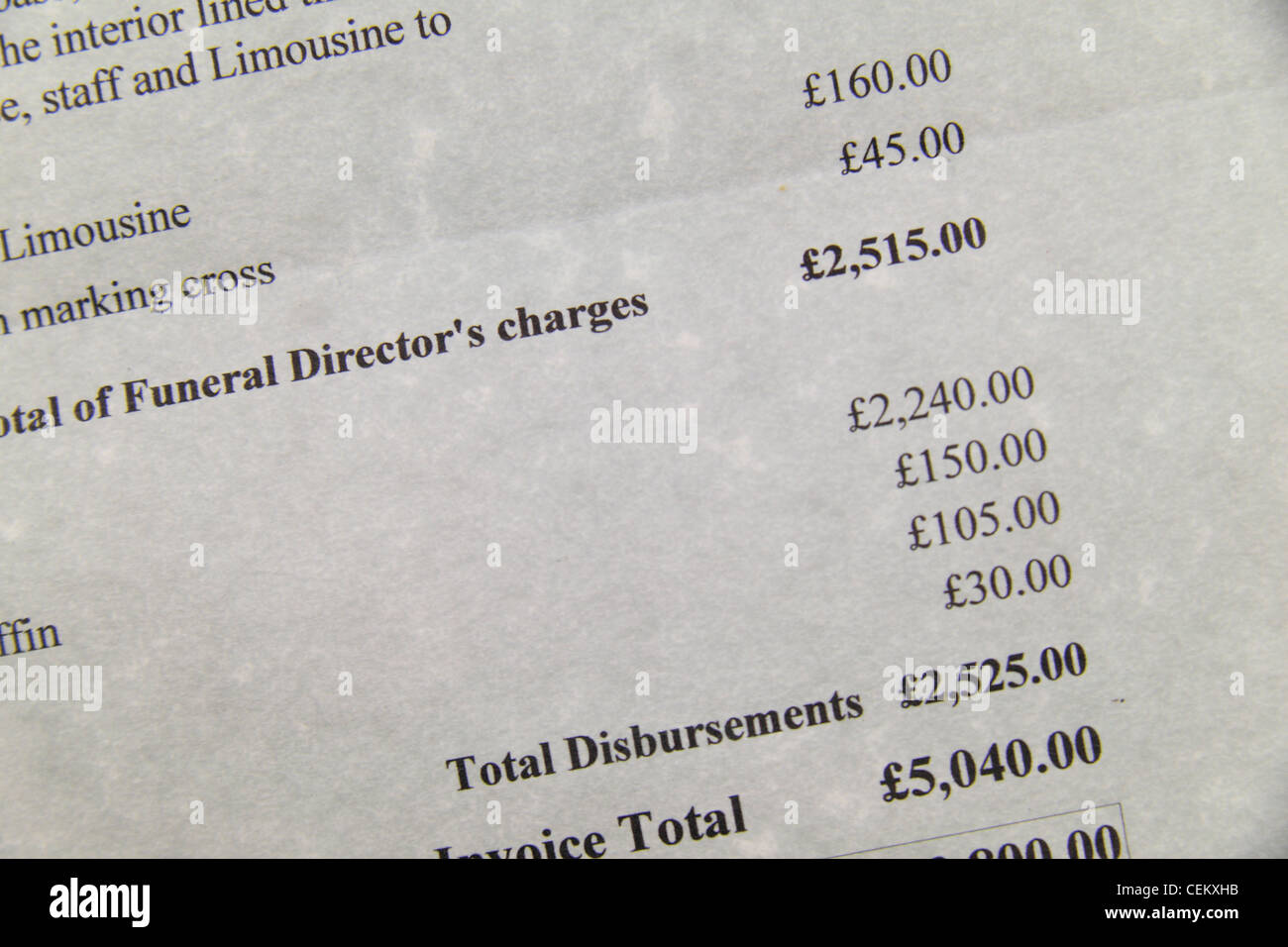 Close up of an invoice from a funeral directors for services rendered in London, UK. Stock Photo