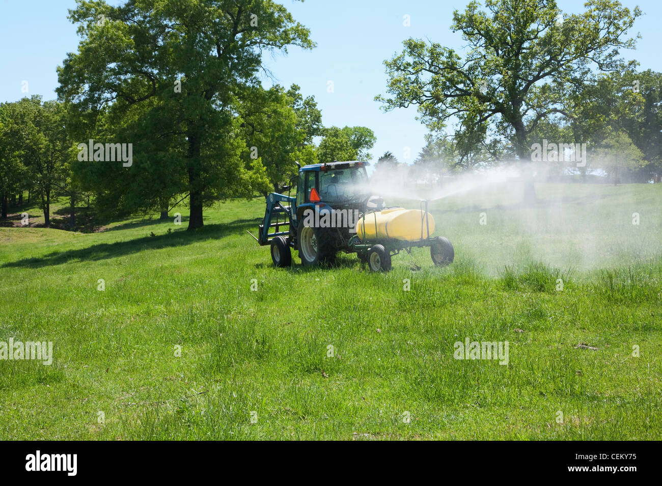 Spraying herbicide on a pasture used for grazing beef cattle. The