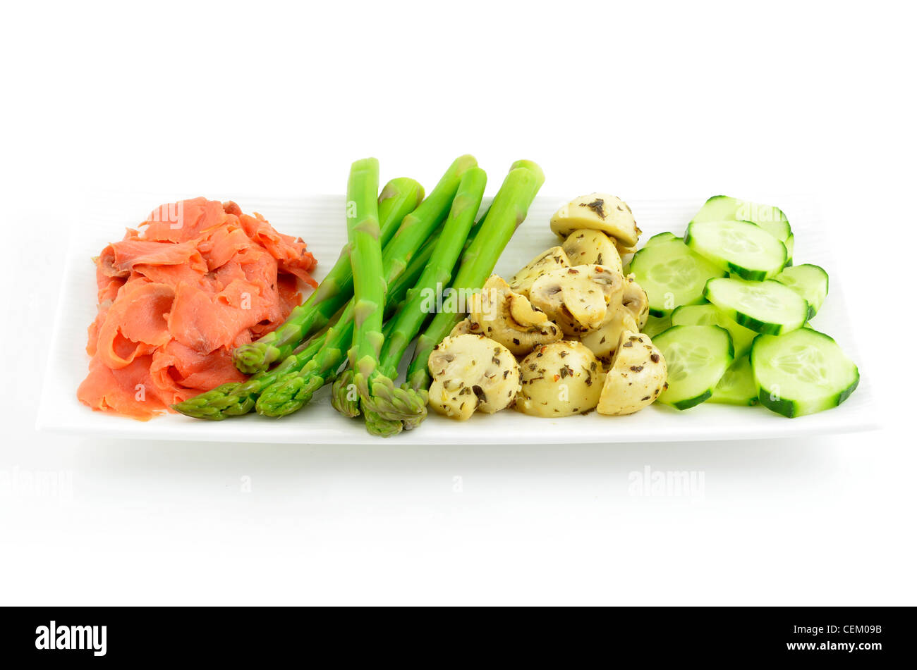 Smoked salmon lox with asparagus, marinated mushrooms and cucumber on