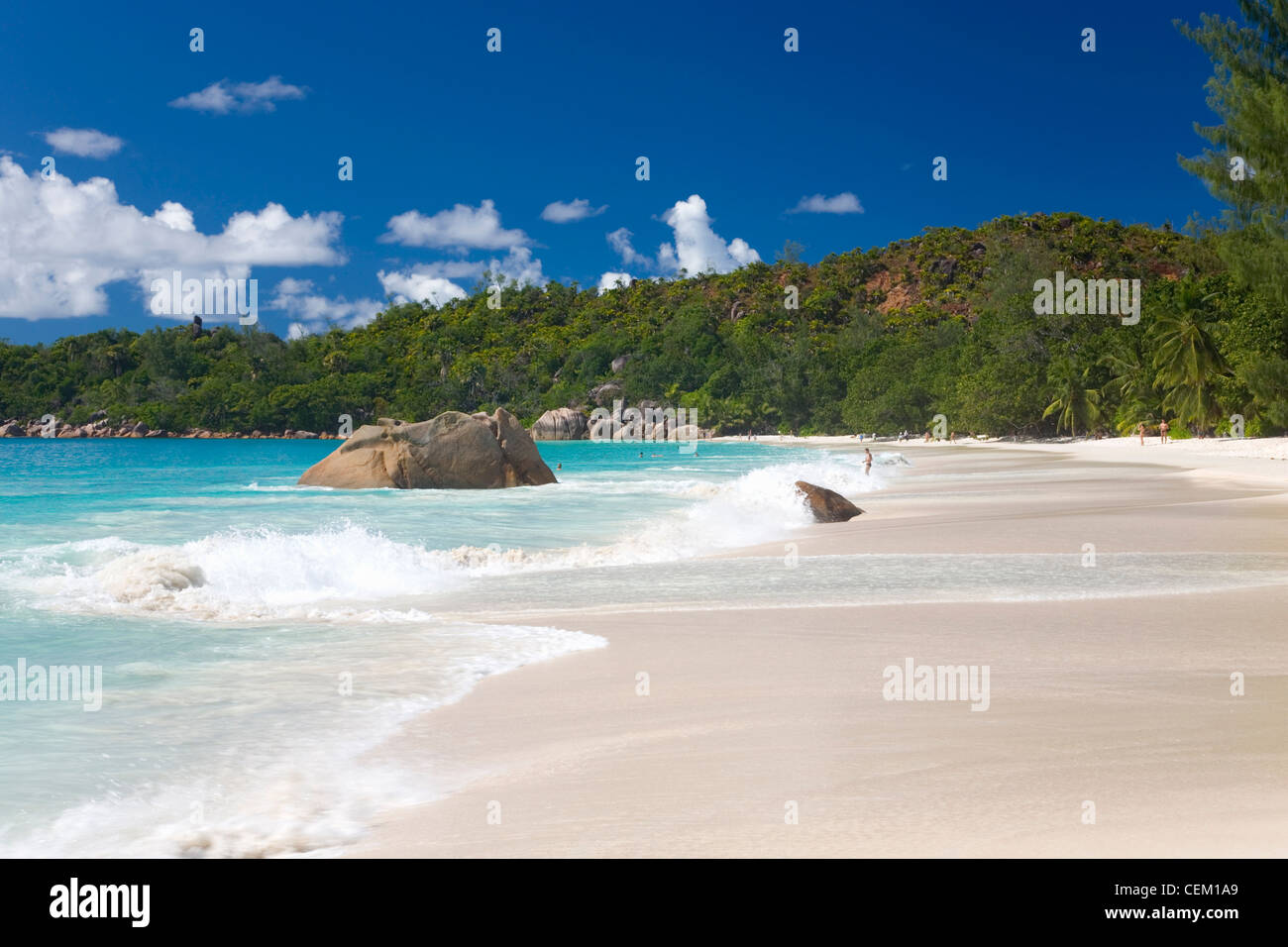 Anse Lazio, Praslin, Seychelles. View along the beach. Stock Photo