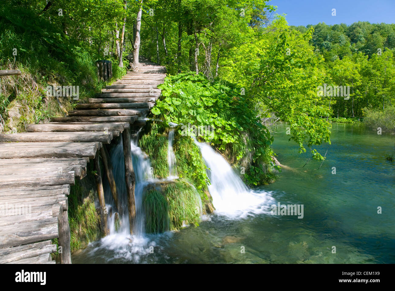 Plitvice Lakes National Park, Lika-Senj, Croatia. Boardwalk through woodland above attractive cascades. Stock Photo