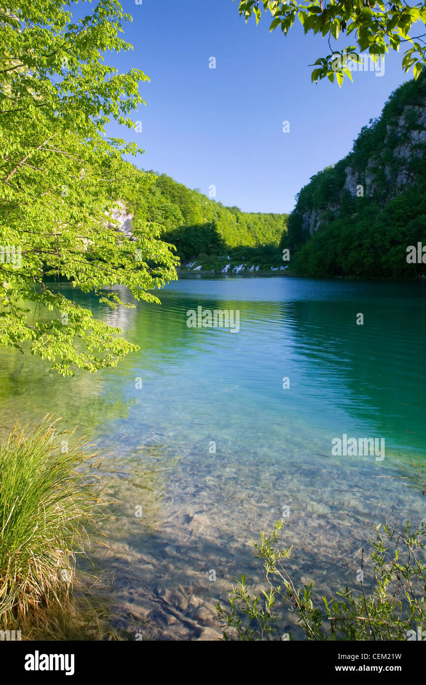 Plitvice Lakes National Park, Lika-Senj, Croatia. View across Kaluderovac Lake to the steep-sided valley of the Lower Lakes. Stock Photo