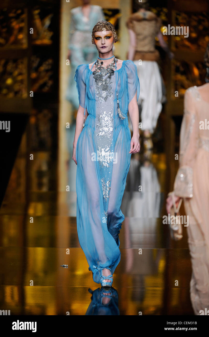 Christian Dior Paris Ready to Wear Autumn Winter Flolength see through  light blue dress short sleeves and silver embroidery Stock Photo Alamy