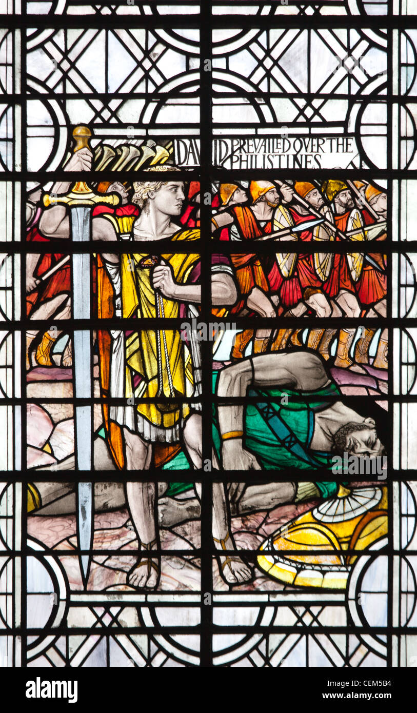 England, Salisbury, Salisbury Cathedral, Stained Glass Window, David and Goliath Stock Photo