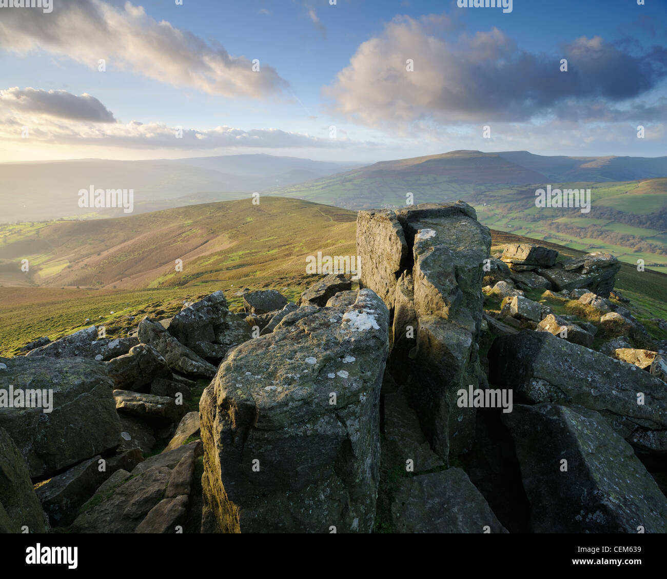 A spectacular view looking west from the top of Sugar Loaf mountain in the Black Mountains, Brecon Beacons, Wales, UK. Stock Photo