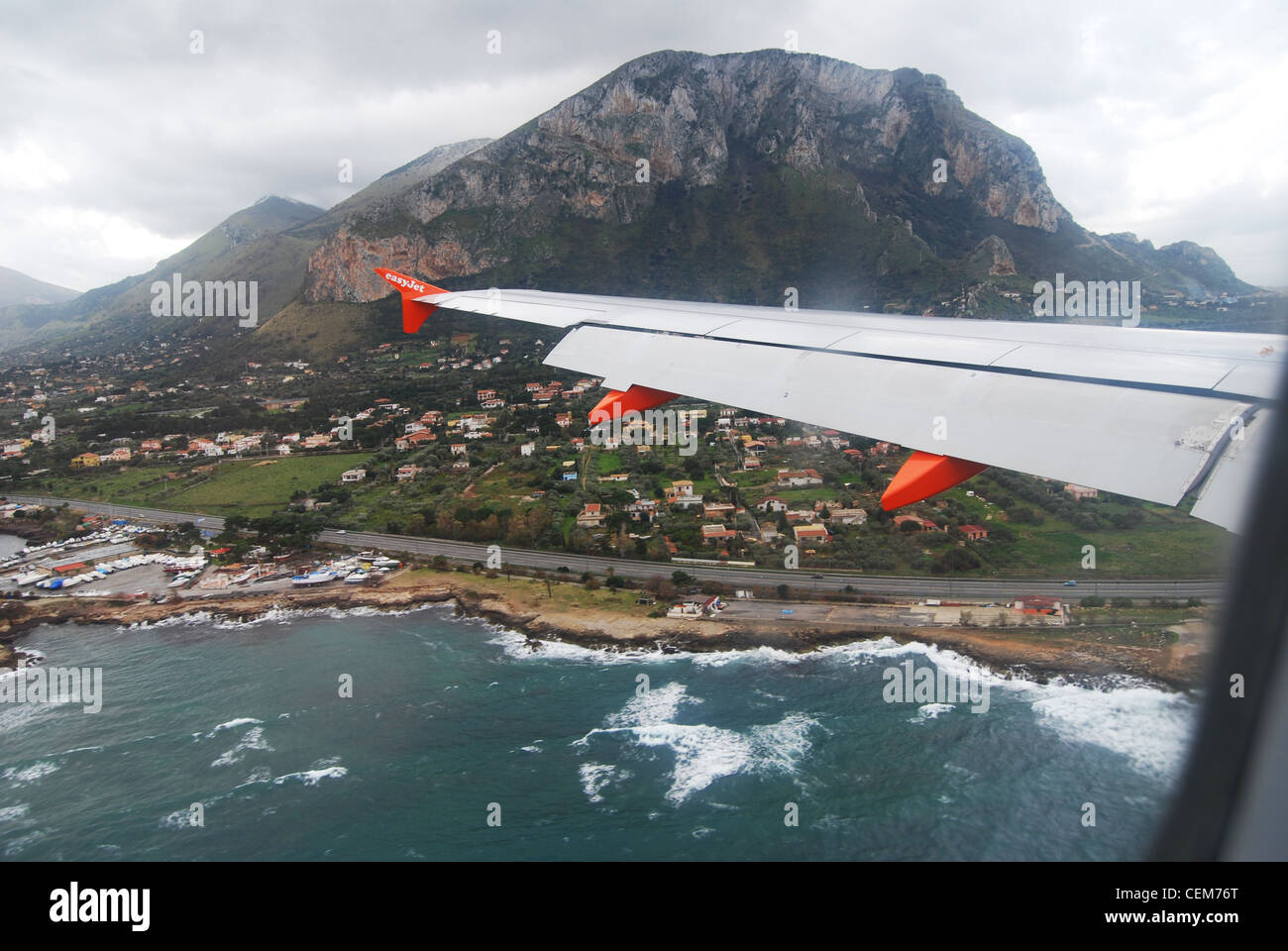 Photo taken out of airplane landing Palermo, Sicily, Italy Easyjet