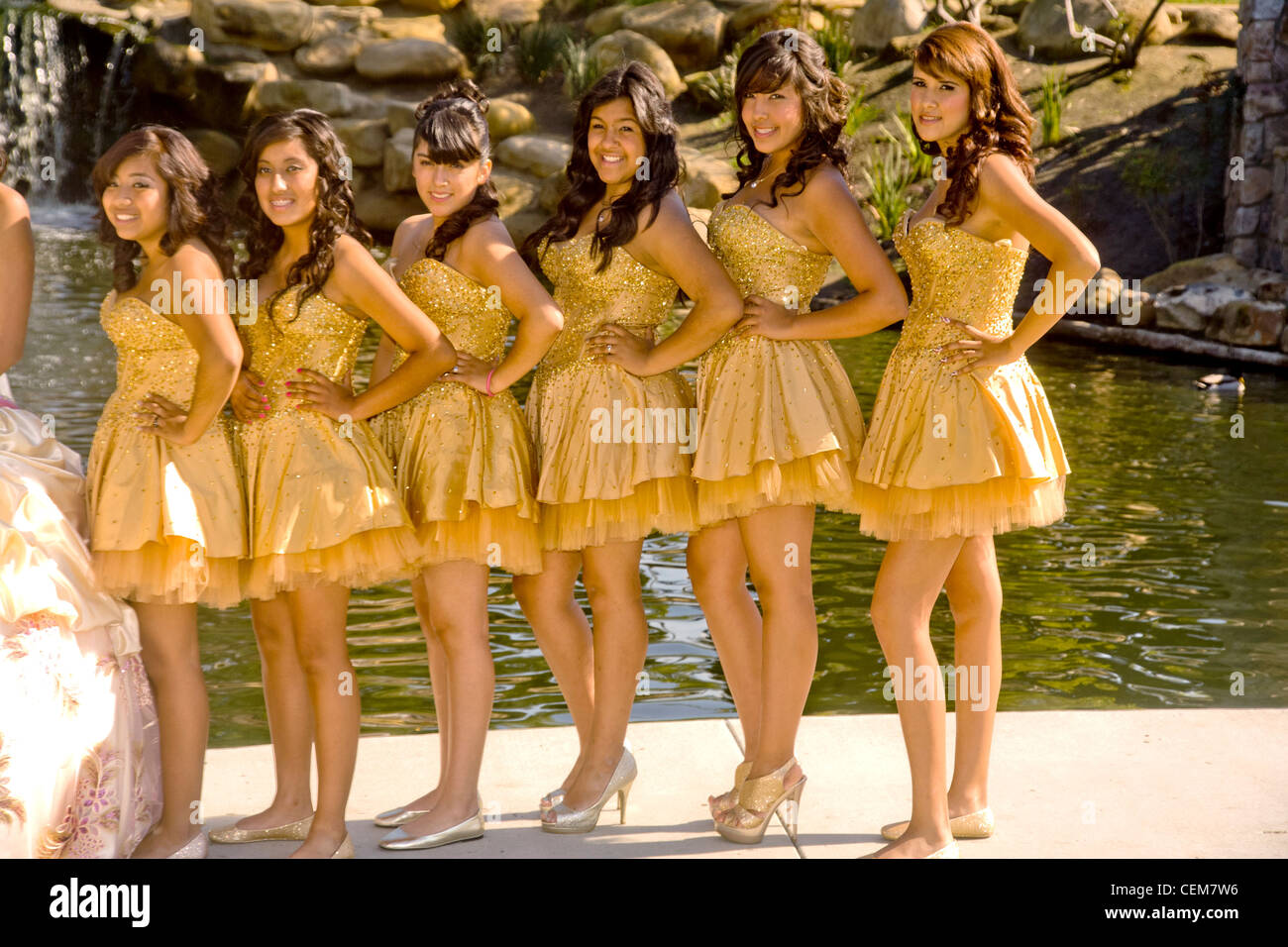 A formally-dressed girl in a Cerritos, CA, park poses for a photographer with her 'court of honor' for her 15th birthday party. Stock Photo