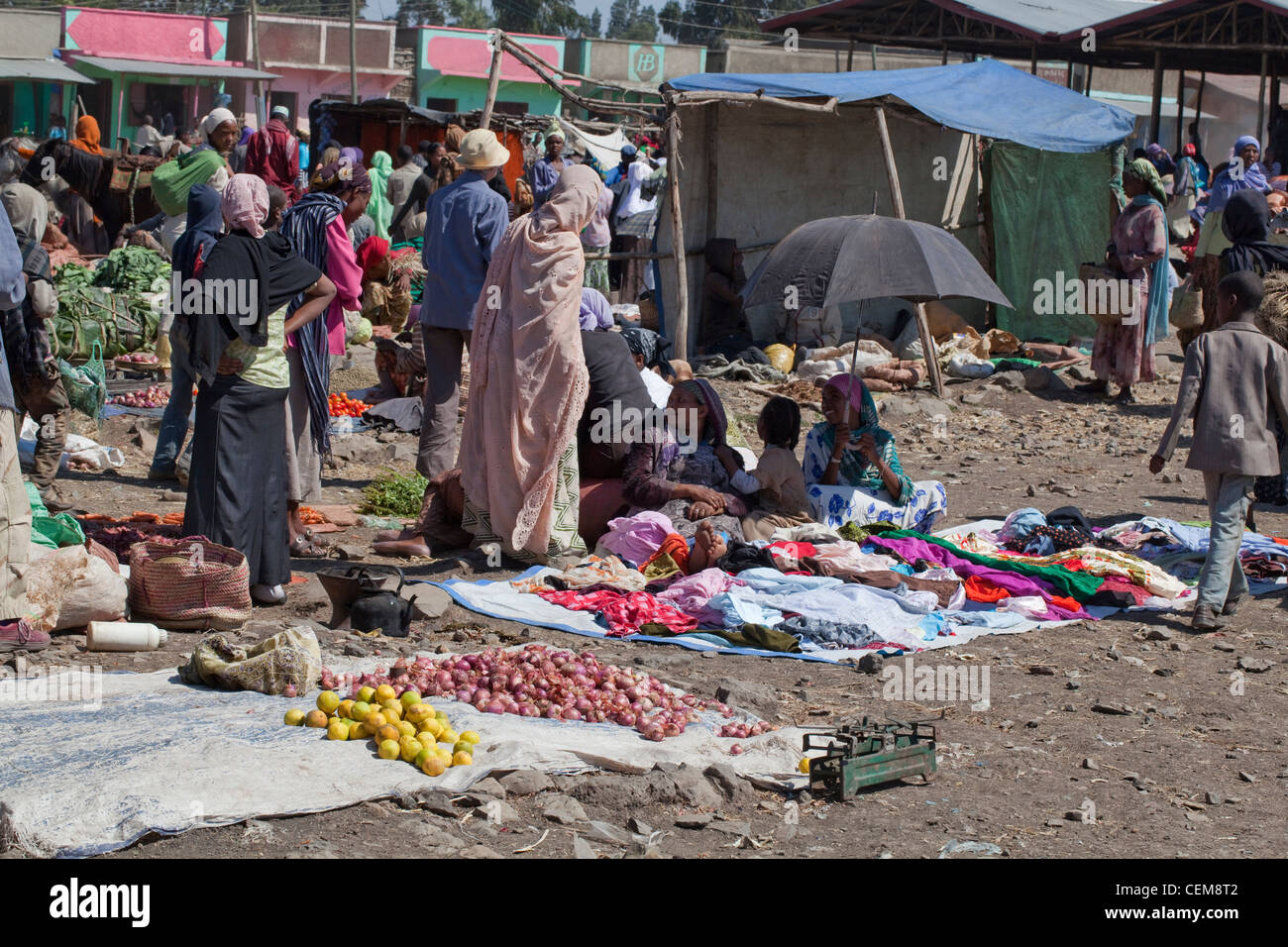 Adaba Market. Bale mountains. Ethiopia. Vegetable, fruit and clothing stalls amongst others. Stock Photo