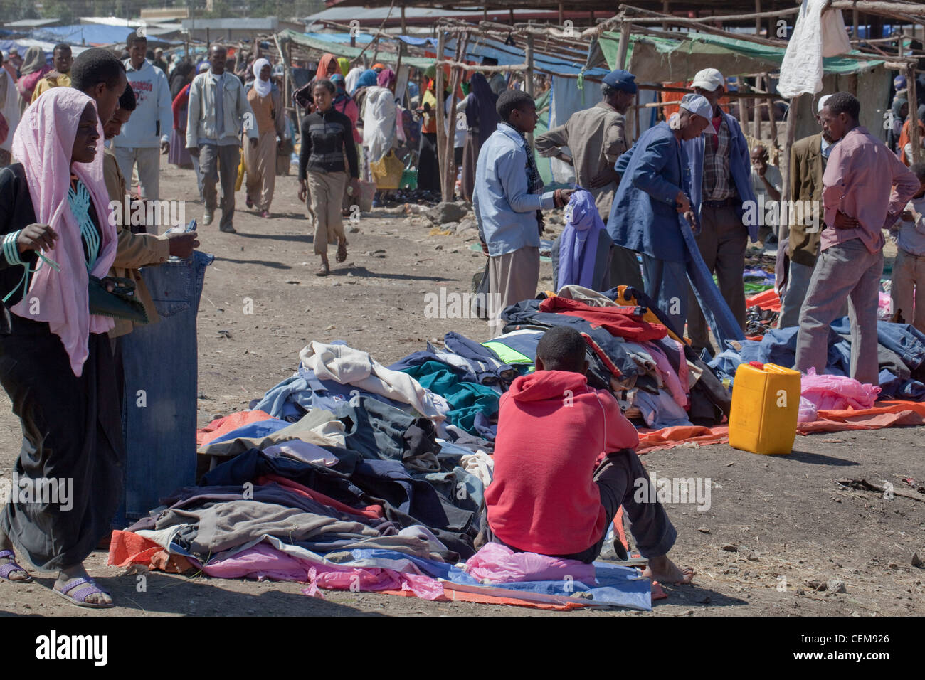 Re-cycled Clothing Stall. Adaba market. Bale Mountains. Ethiopia. Stock Photo