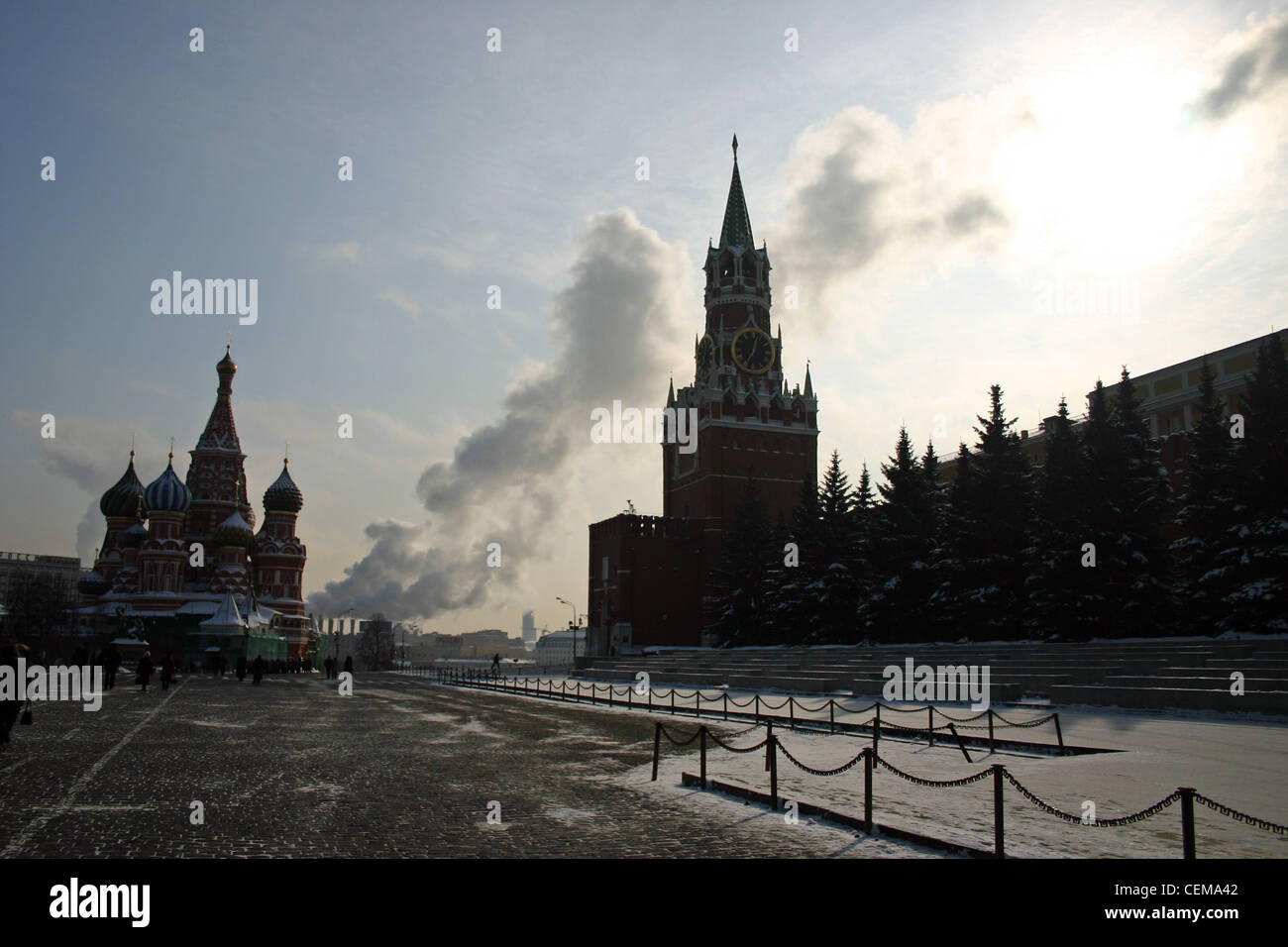 Red Square in Moscow with the Kremlin and Lenin's tomb on the right hand side. St. Basil's cathedral is in the distance Stock Photo