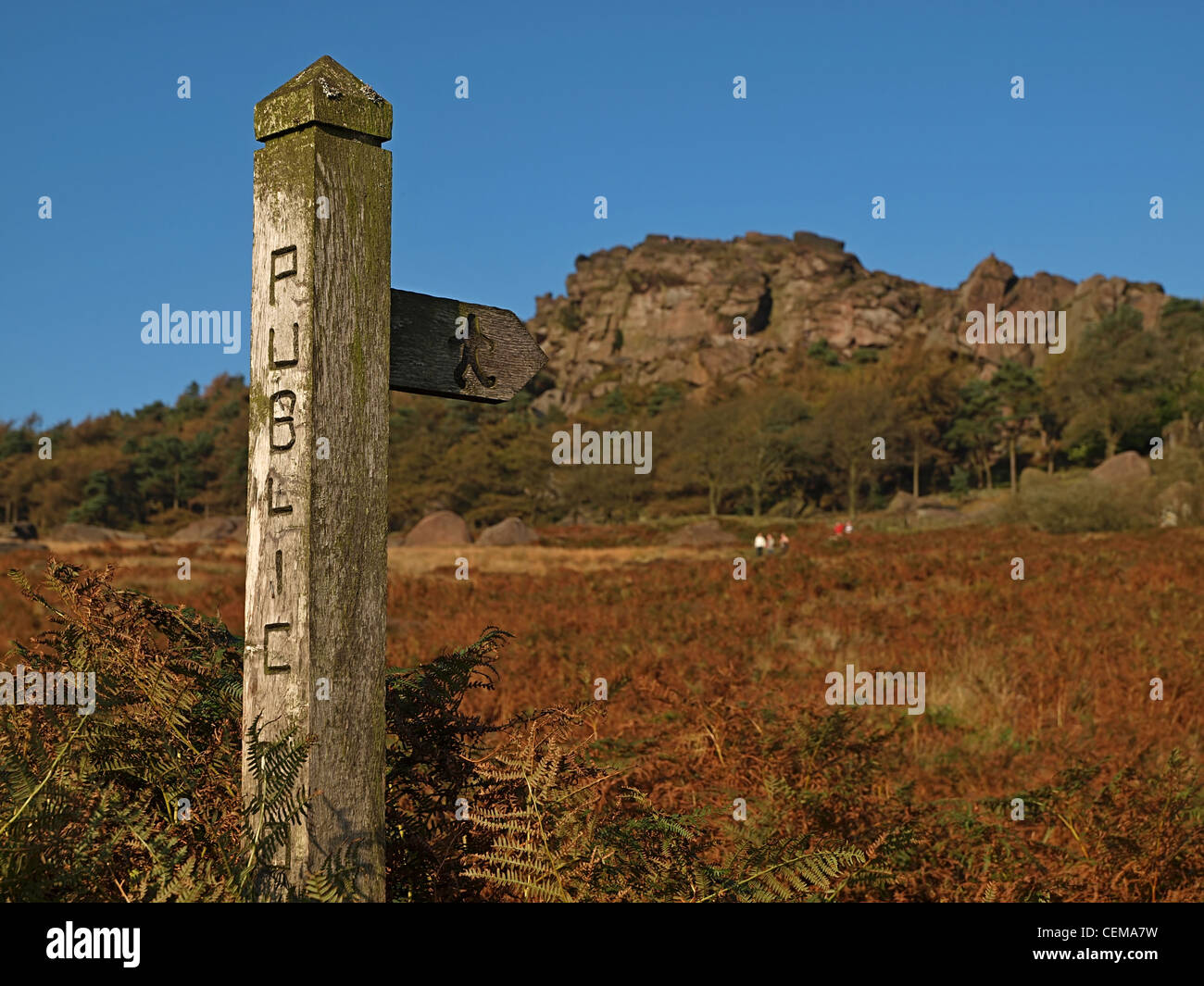 Wooden public footpath sign The Roaches, Peak District National Park Stock Photo