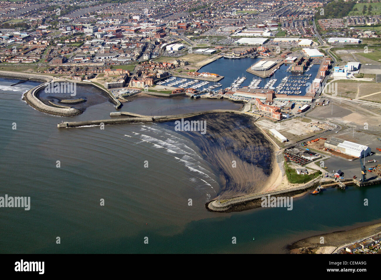 Aerial image of Hartlepool with the Heugh Breakwater, Marina and docks with Heritage centre Stock Photo