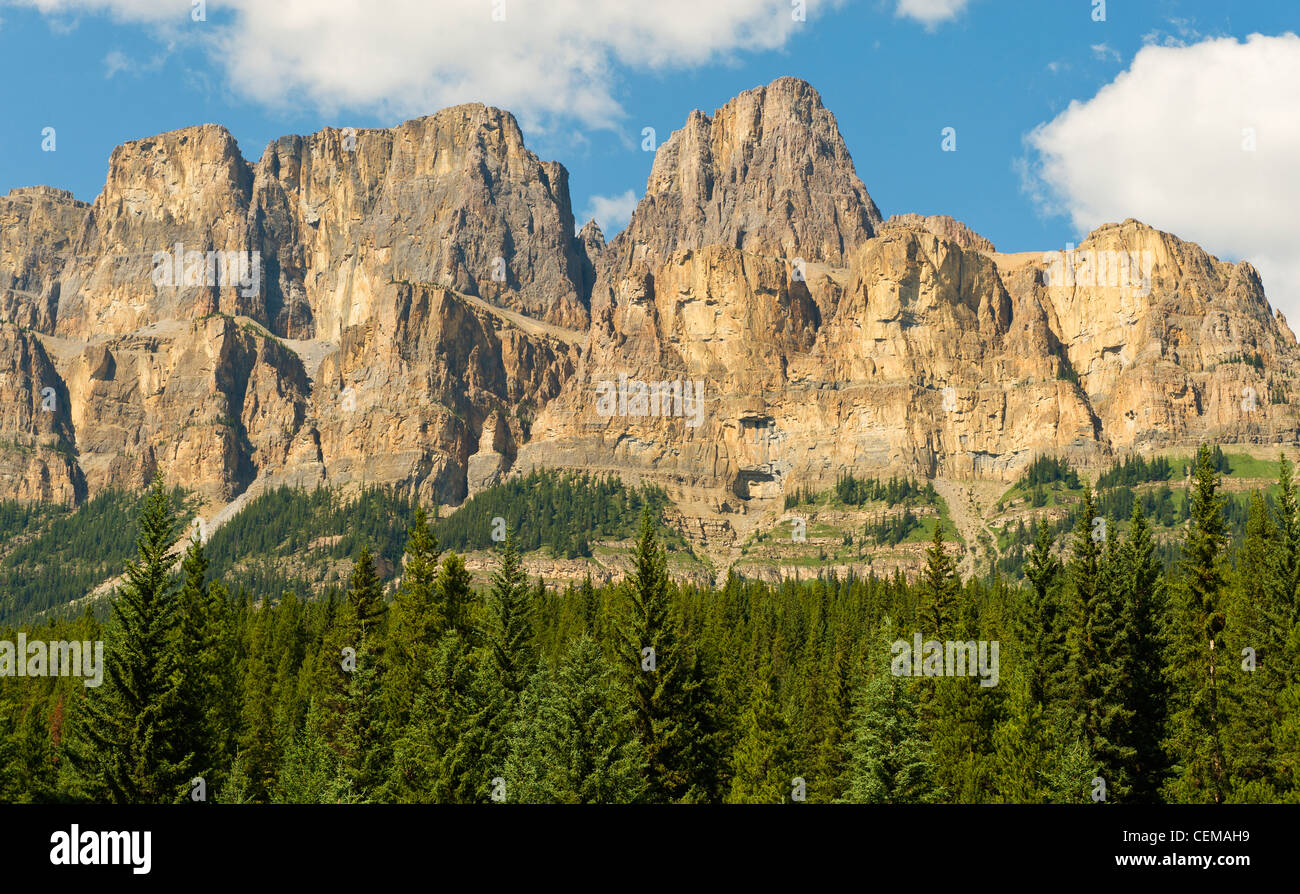 Castle Mountain, seen from a viewpoint on the Bow Valley Parkway, Highway 1A, near Banff, Alberta, Canada. Stock Photo