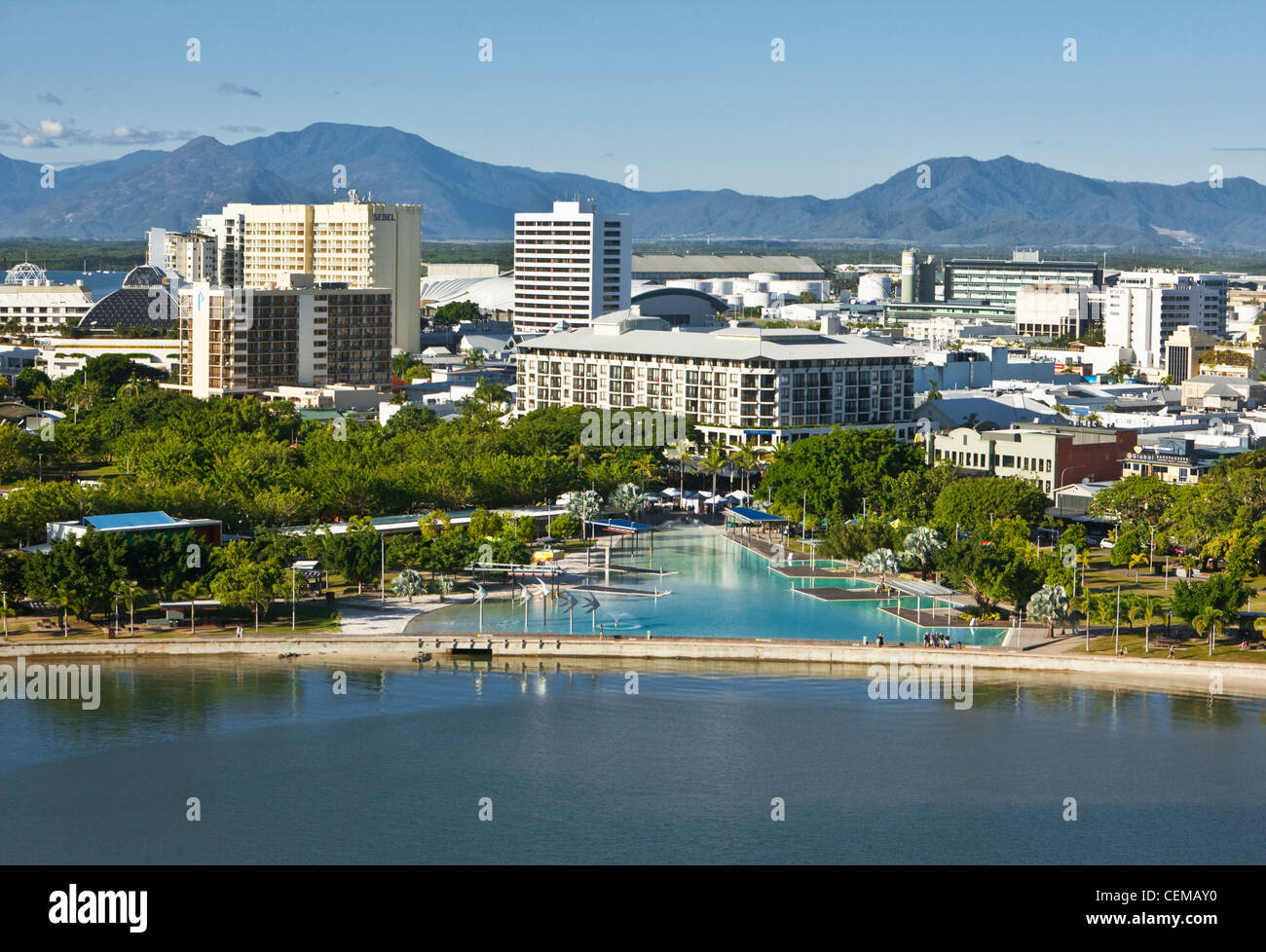 Aerial view of Esplanade lagoon and city skyline. Cairns, Queensland, Australia Stock Photo