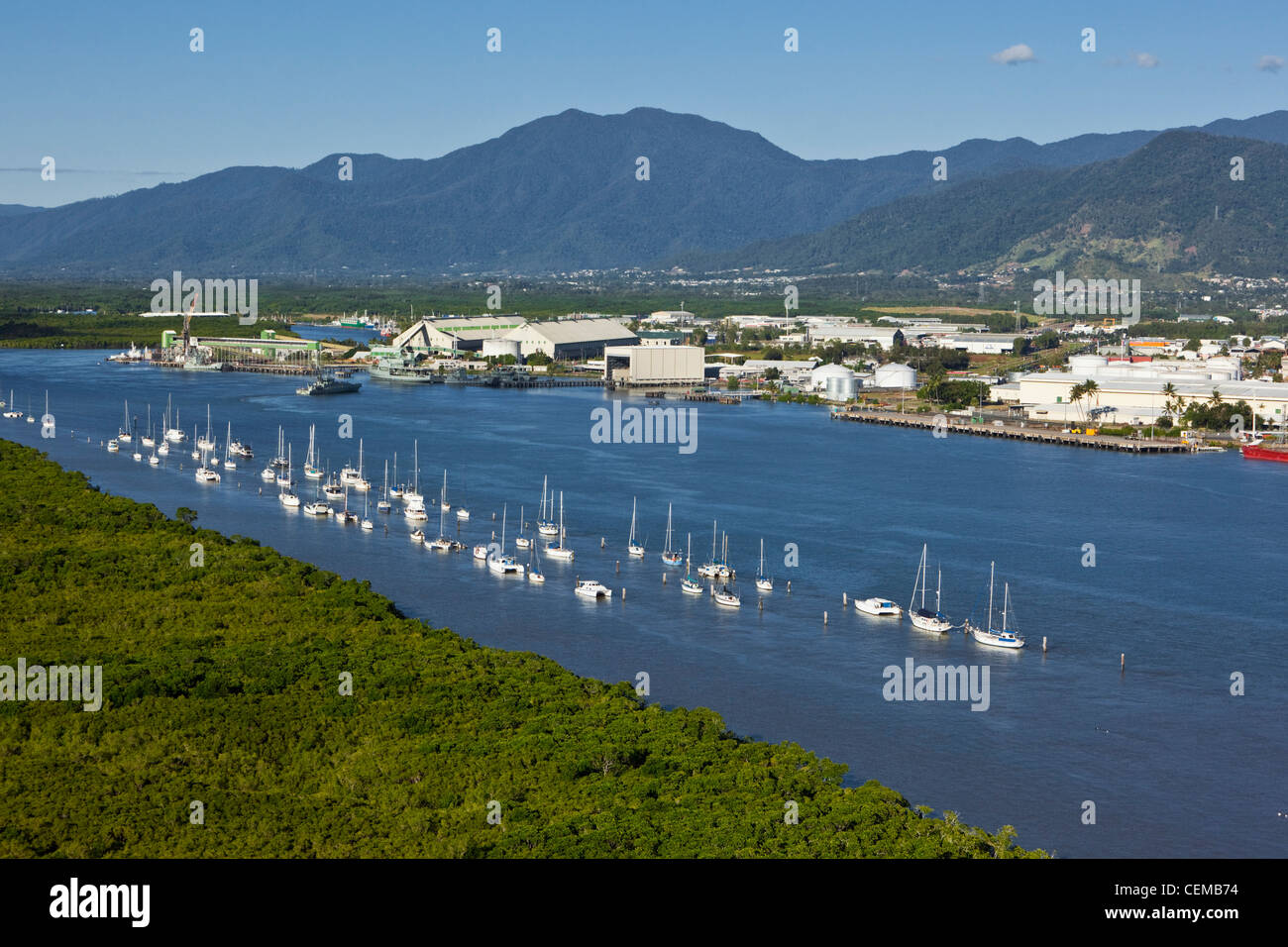 Aerial view of boats in Trinity Inlet with Portsmith industrial area in