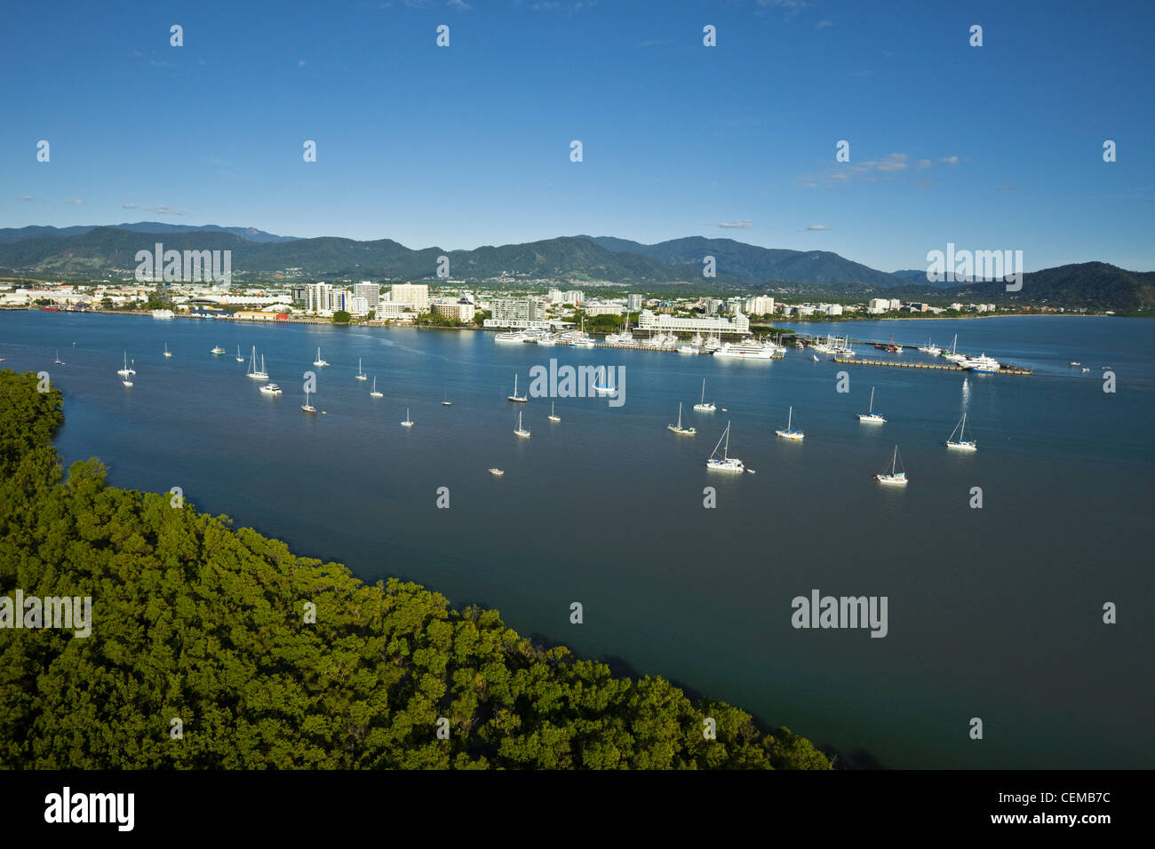 Yachts on Trinity Inlet with city centre in background. Cairns, Queensland, Australia Stock Photo