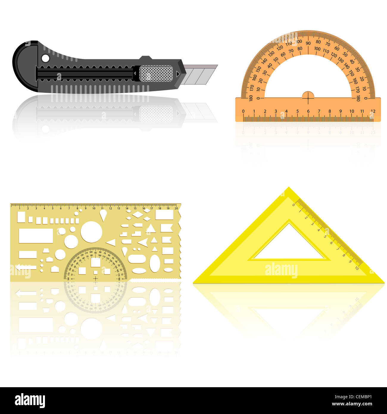 Stationery knife, ruler and protractor line of the triangle on a white