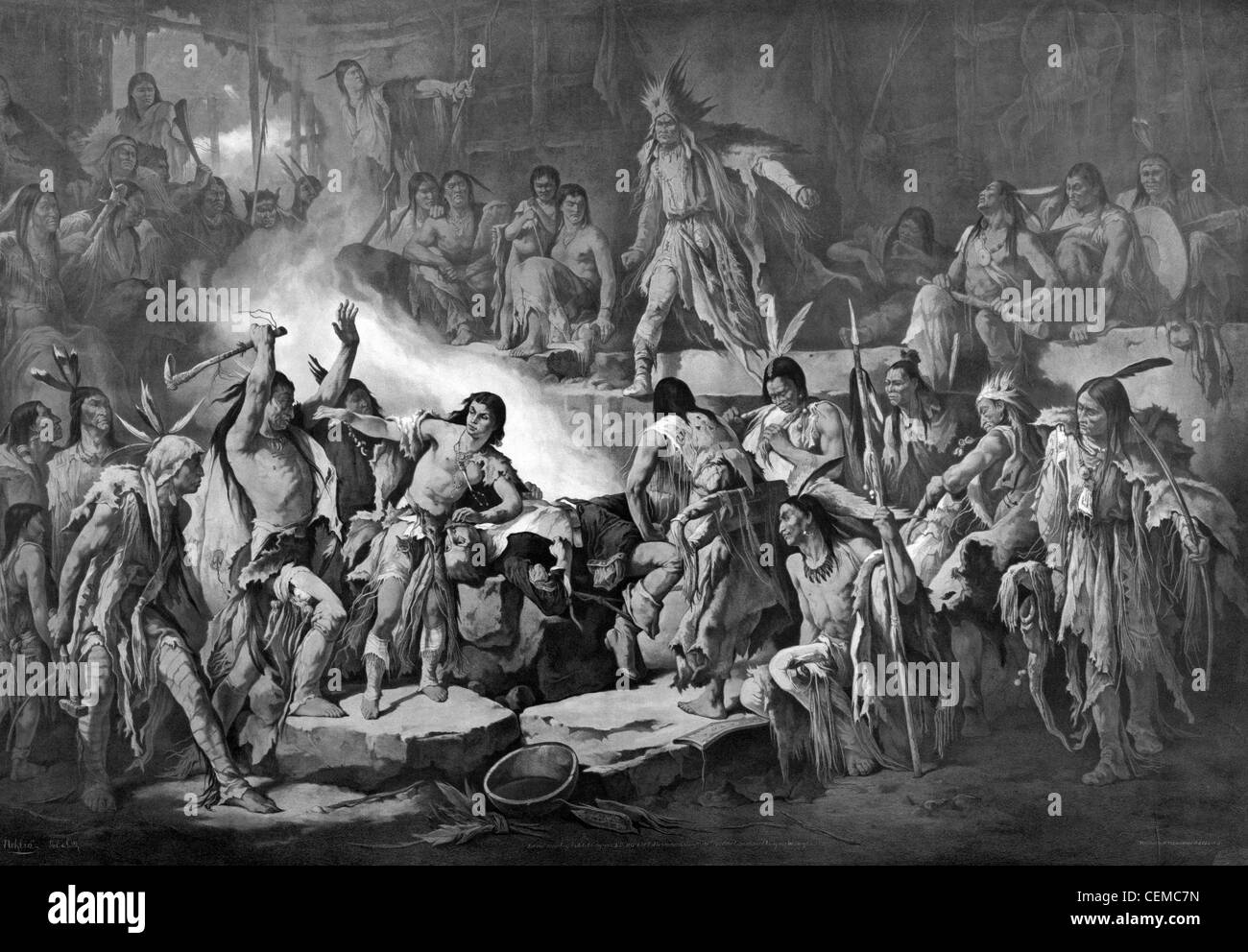 Vintage print depicting Pocahontas saving the life of John Smith. Stock Photo