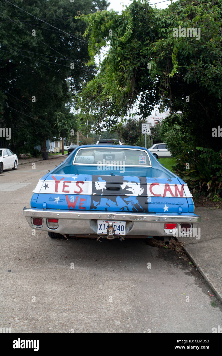 Barack Obama car in  Lafayette, Louisiana with 'Vote' on front and 'Yes we can' on the rear. Stock Photo