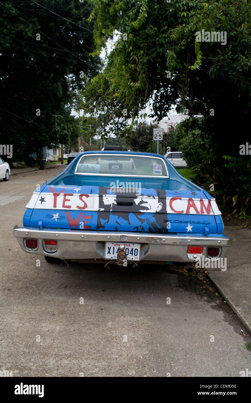Barack Obama car in  Lafayette, Louisiana with 'Vote' on front and 'Yes we can' on the rear. Stock Photo