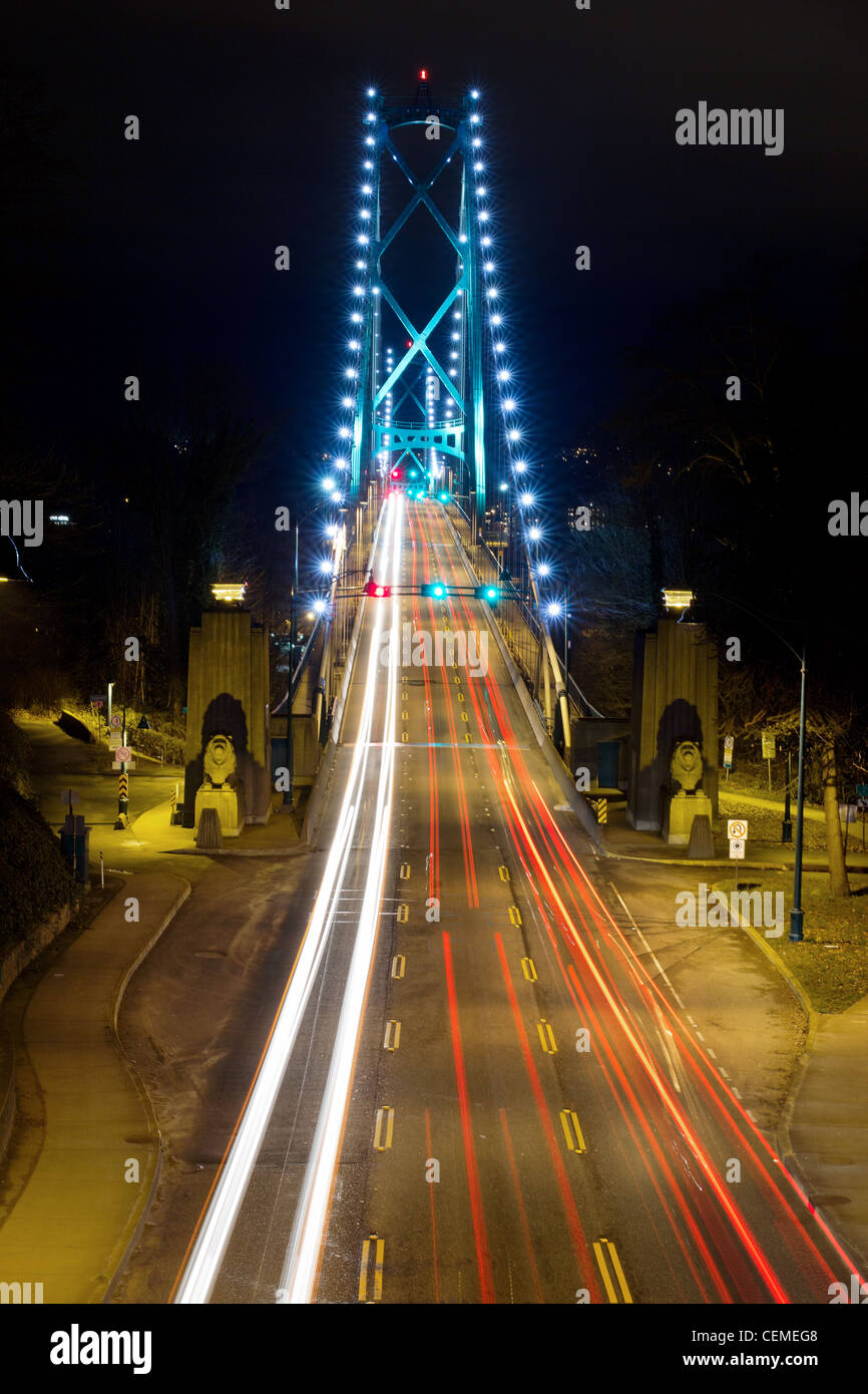 Light Trails on Lions Gate Bridge in Vancouver BC Canada at Night Stock Photo