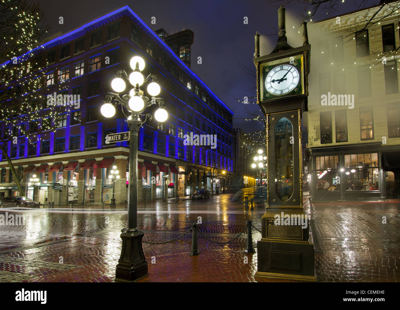 Gastown Steam Clock in Vancouver BC Canada on a Rainy Night Stock Photo