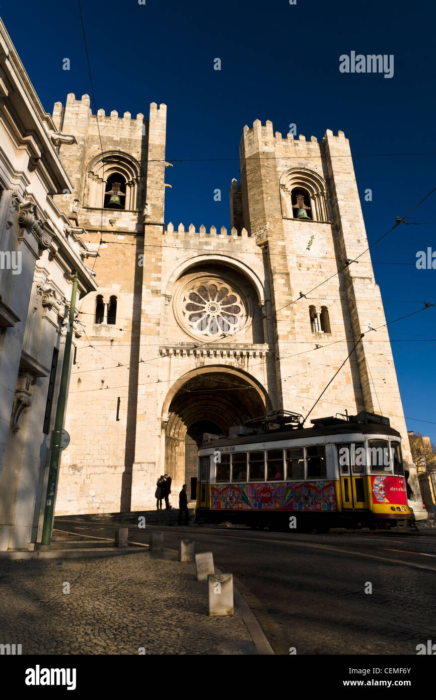Historic tram in front of Lisbon Cathedral (Sé de Lisboa). Lisbon, Portugal. Stock Photo