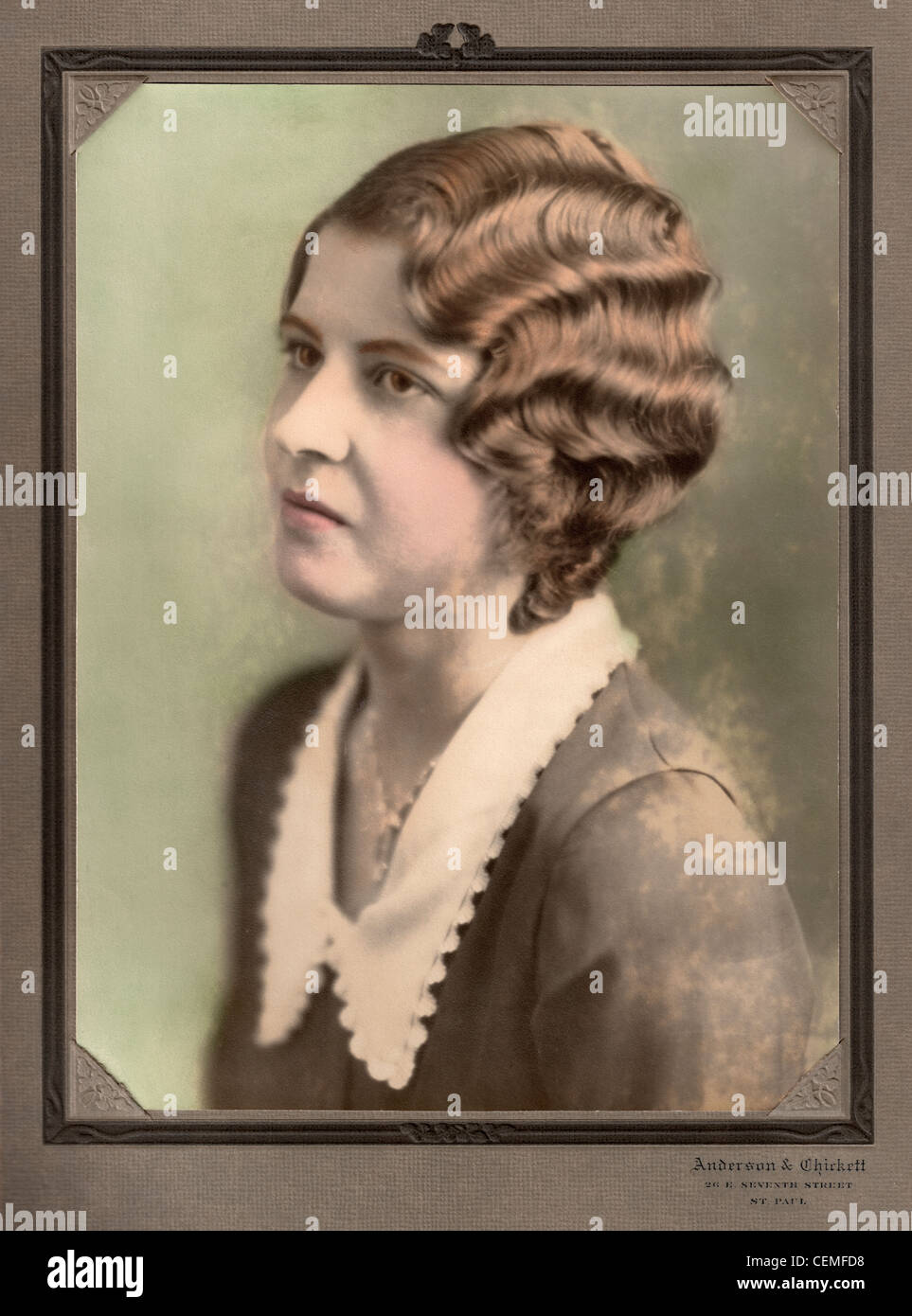 Vintage Color Tinted Portrait Of Woman With Wavy Hair Circa 1920s