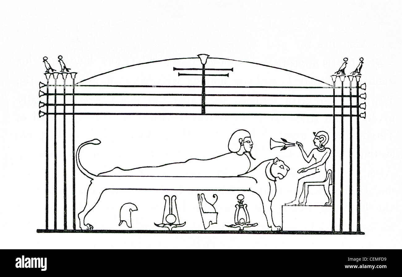 This scene from a 1904 volume on Egypt by Wallis Budge shows th Egyptian god Osiris lying on his stomach on his bier. Stock Photo