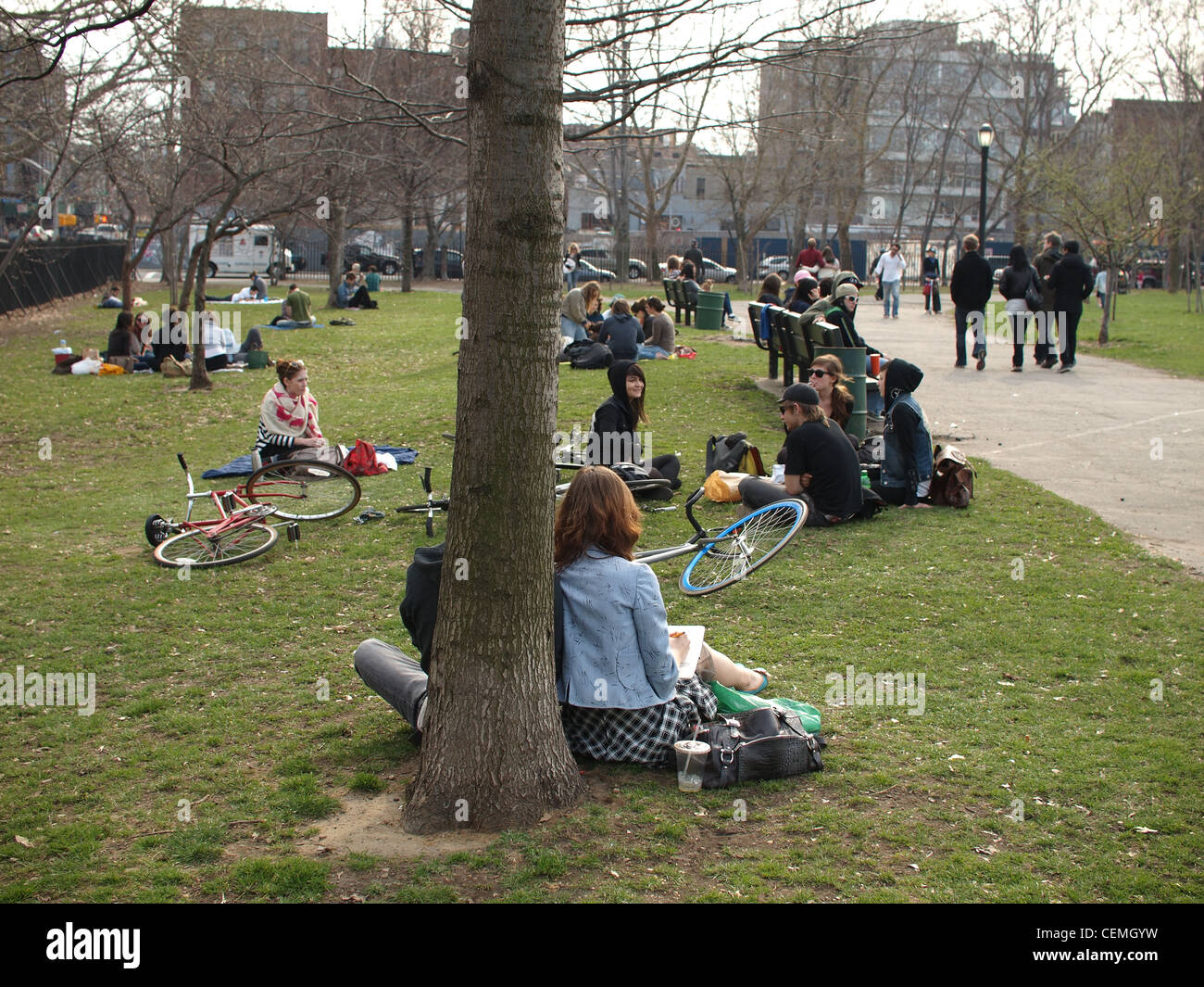 People enjoying spring day in McCarren Park, Brooklyn, New York Stock