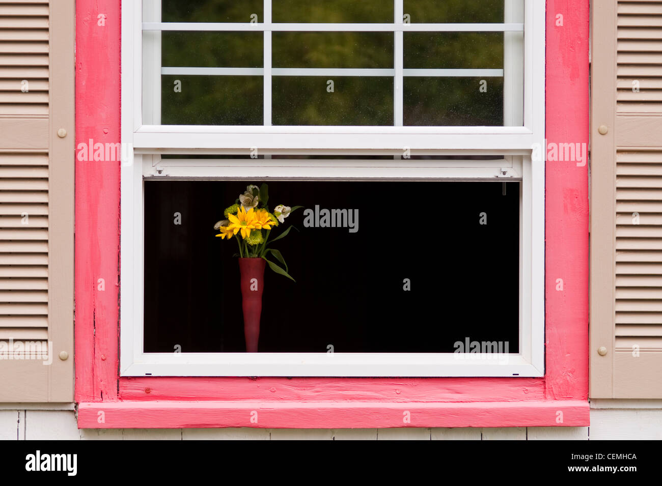 Open window with yellow and green flowers in vase with window shutters and pink window trim Stock Photo