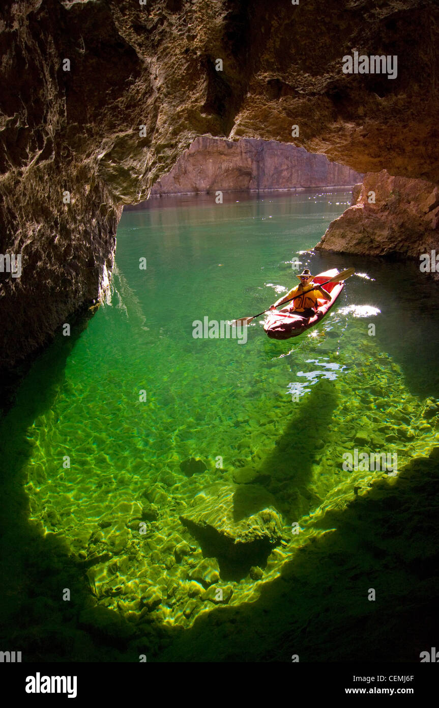 Kayaking in Emerald Cave, Colorado River, Black Canyon, Arizona Stock