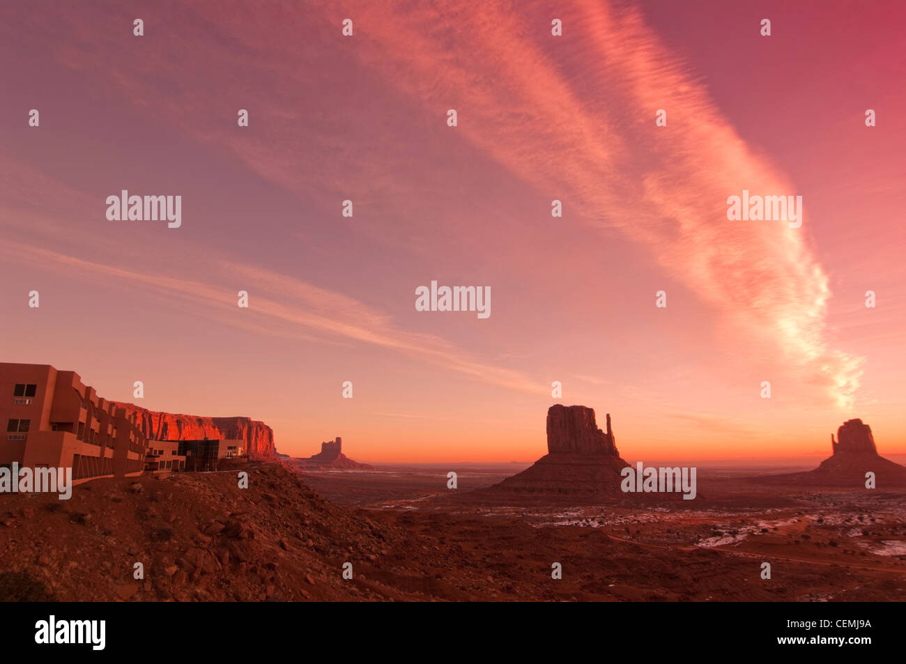 Rosy morning over the Mittens and the View Hotel, Monument Valley, Arizona Stock Photo