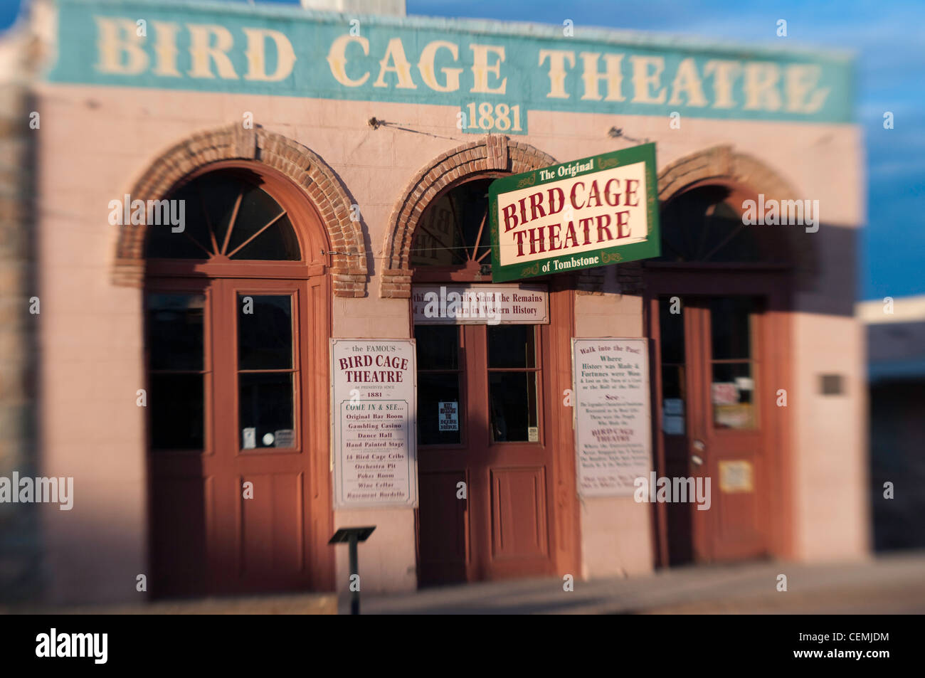Dawn breaks on the historic Birdcage Theatre on Allen Street, Tombstone, Arizona Stock Photo