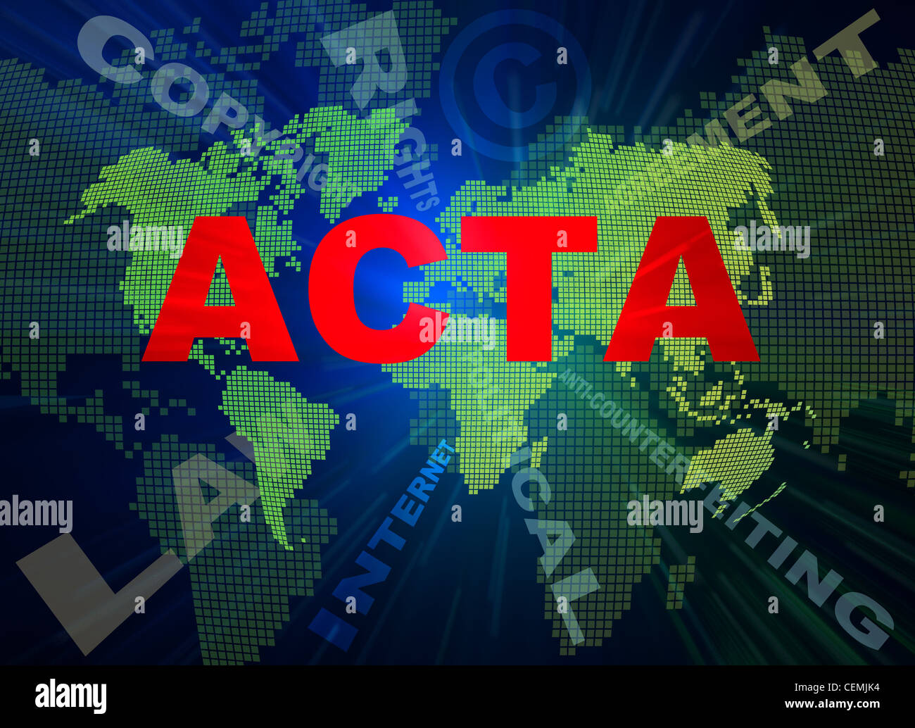 ACTA conception texts and world map. Trade Agreement ACTA about internet Stock Photo