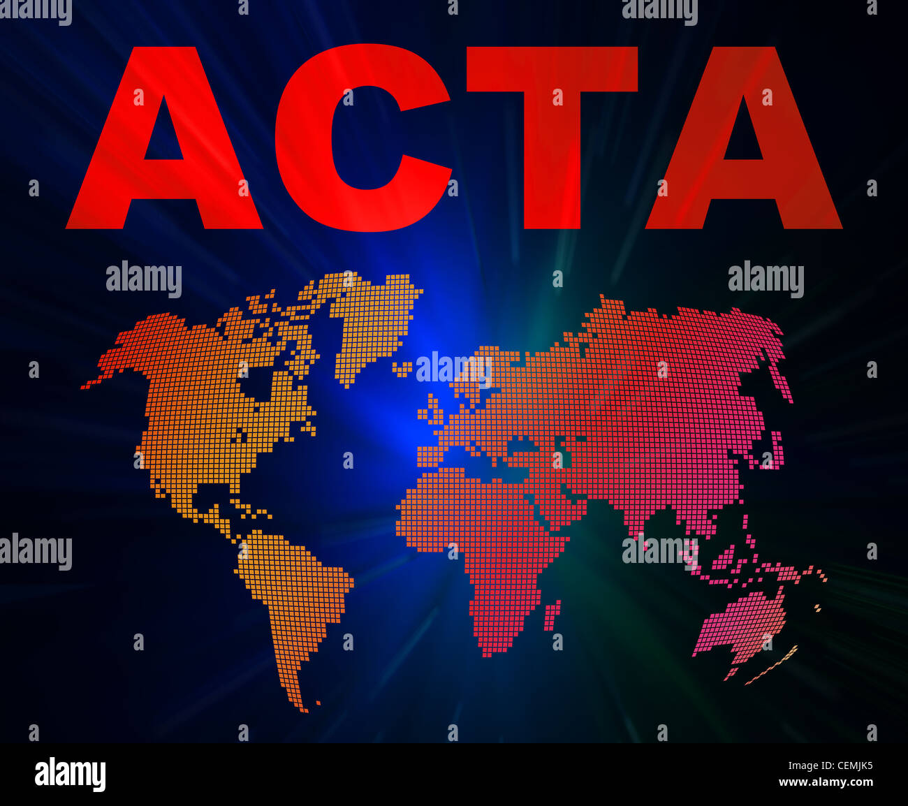 ACTA conception texts and world map. Trade Agreement ACTA about internet Stock Photo