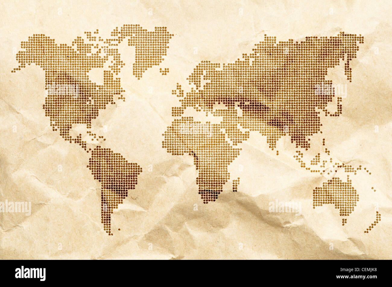 Dot World old style map background. Crumpled old paper Stock Photo