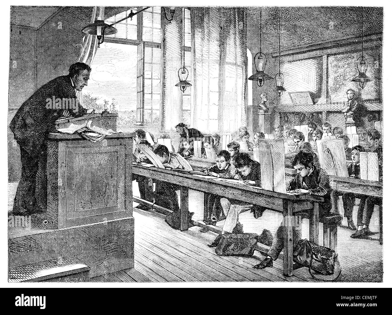 Salon of 1874; paint. - A drawing lessons at school Cochin, by A. Truphème. - The Drawing Hernault, vintage engraved illustration. Magasin Pittoresque 1875. Stock Photo