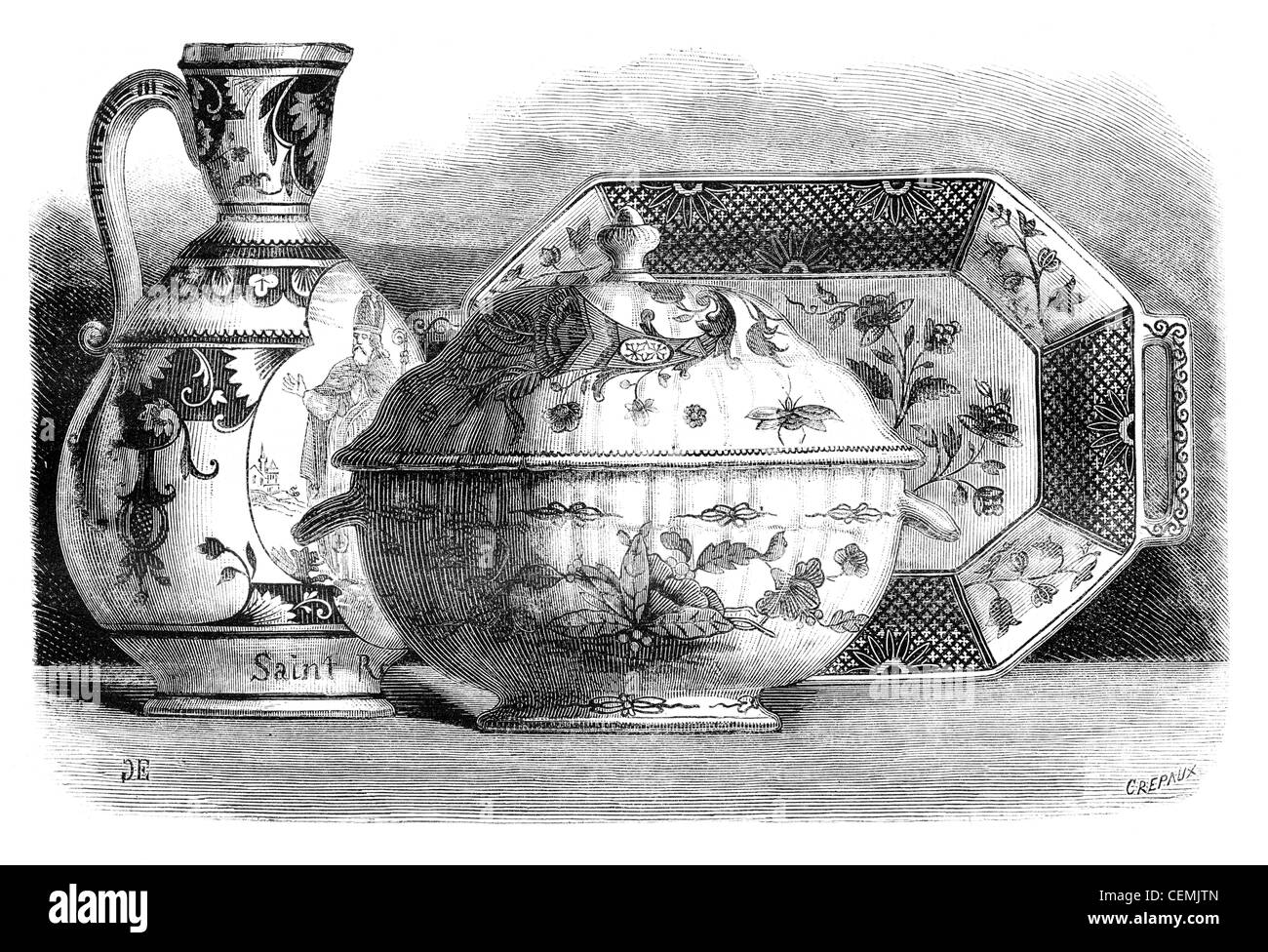 Earthenware of Rouen Painted. Drawing of Edward Garnier, vintage engraved illustration