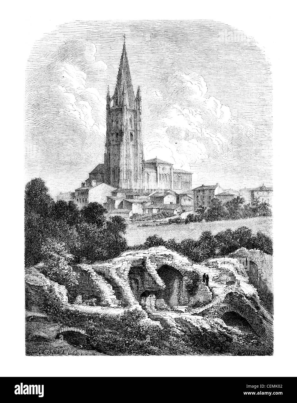 Les Arenes and the steeple of St. Eutropius, a Saintes, vintage engraved illustration. Magasin Pittoresque 1875 Stock Photo