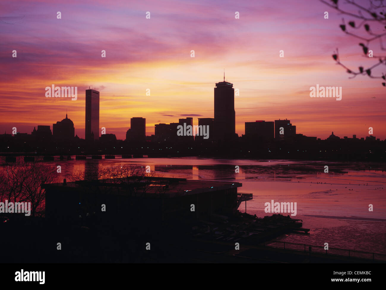 Boston's Back Bay skyline and the Pierce Boathouse on the Massachusetts Institute of Technology