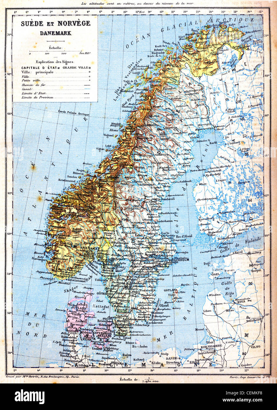The map of Sweden, Norway and Denmark with explanation of signs on it