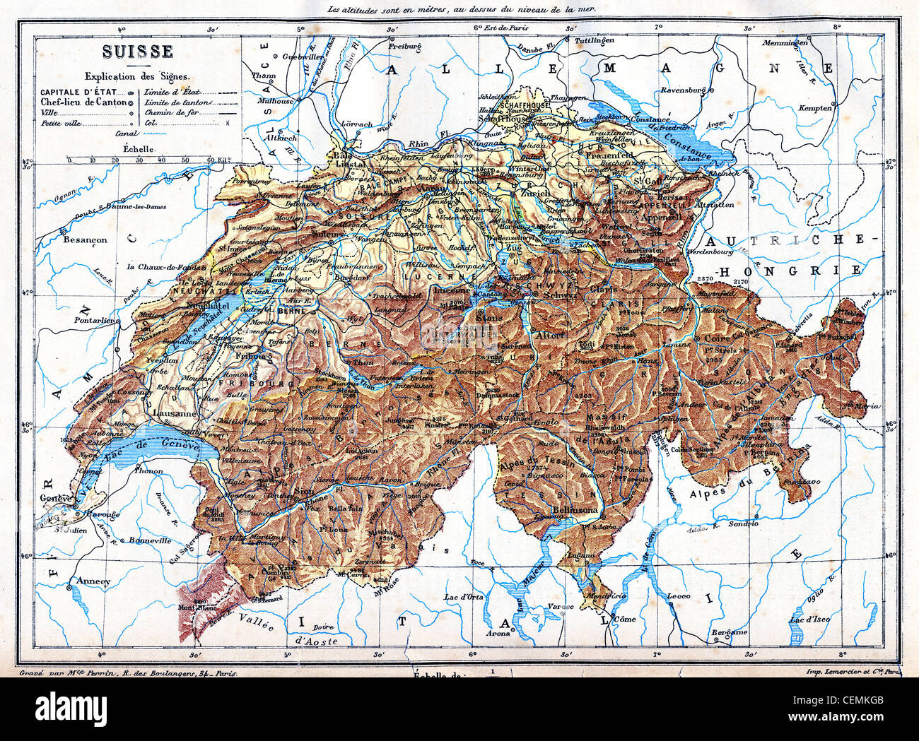 The map of Switzerland with explanation of signs on it. Stock Photo