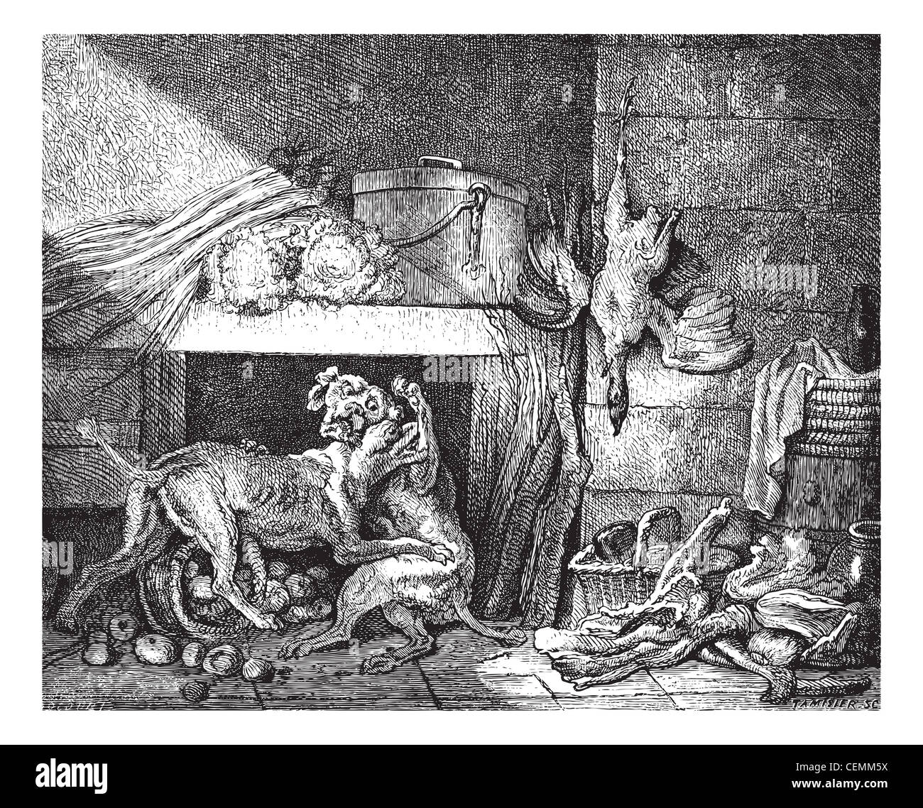 Museum of Vienna. Quarrel of dogs, sketch by Oudry, vintage engraved illustration. Magasin Pittoresque 1875. Stock Photo
